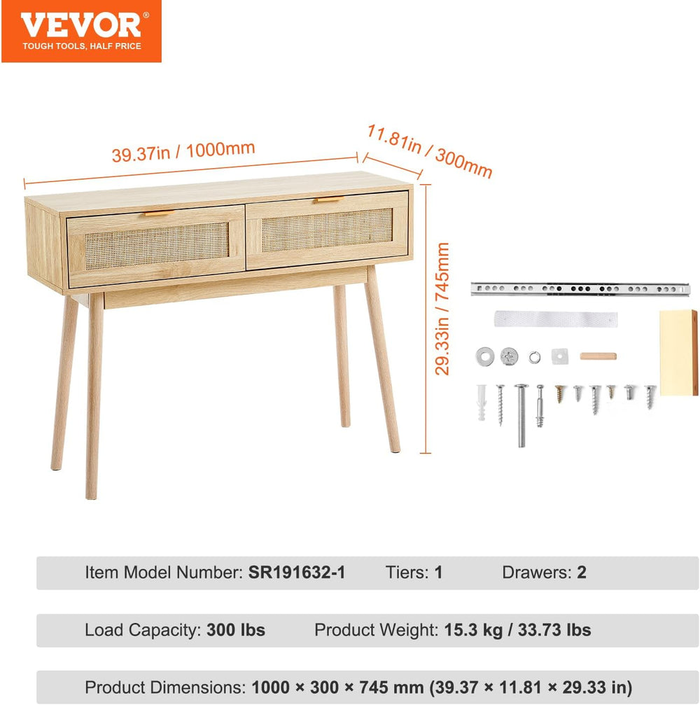 VEVOR Rattan Console Table with 2 Storage Drawers, Rattan Entryway Table with...