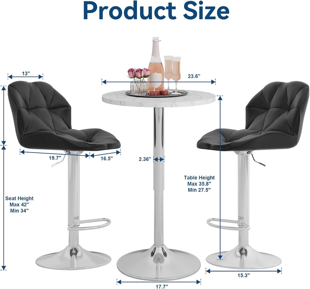 ARTETHYS Bar Table and Chairs Set of 3 Marble Style Table & Black Stool