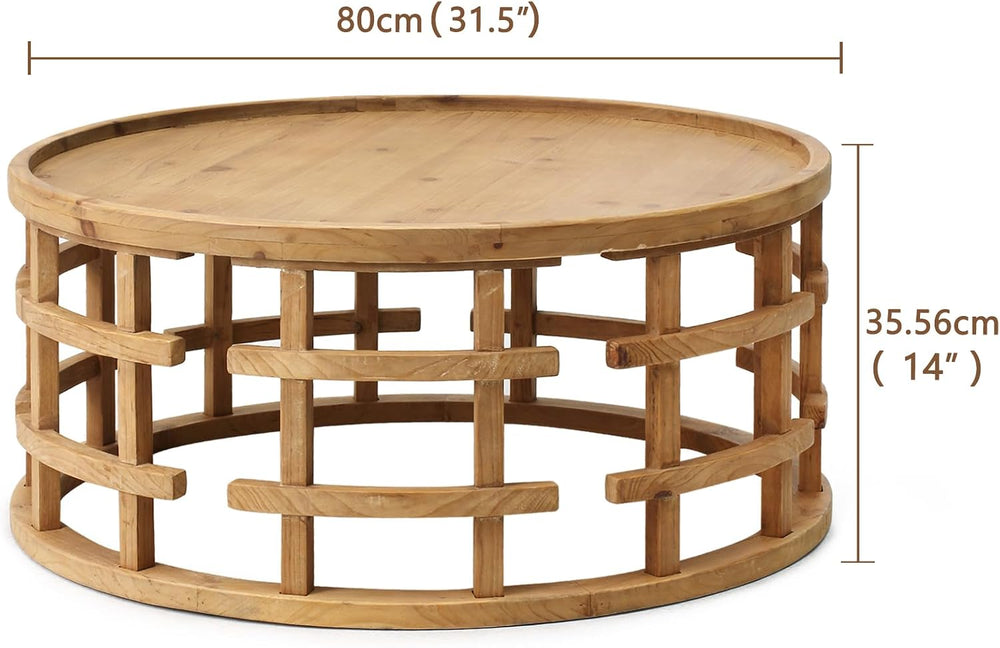 RUSTOWN Farmhouse Round Coffee Table, Boho Handcrafted Wooden Tables