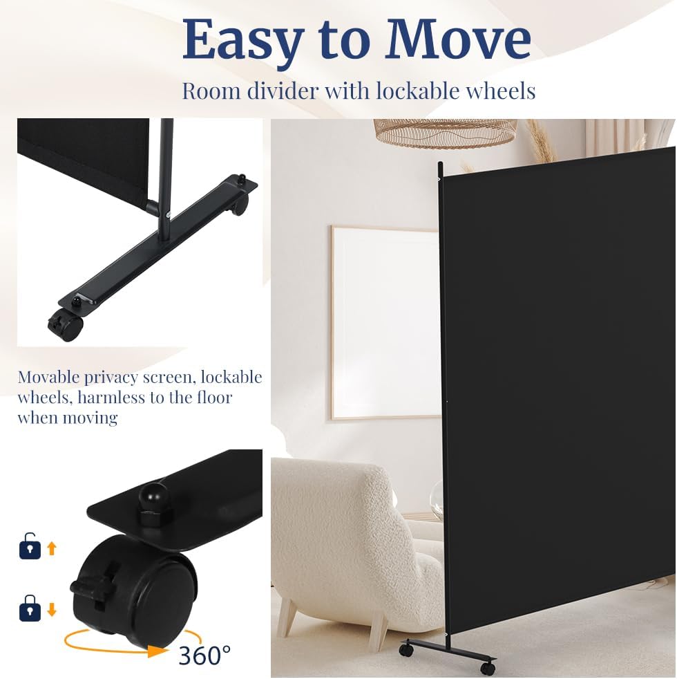 Kokorona 2 Panel Room Divider, 6FT Tall Rolling Privacy Screen with Lockable ...