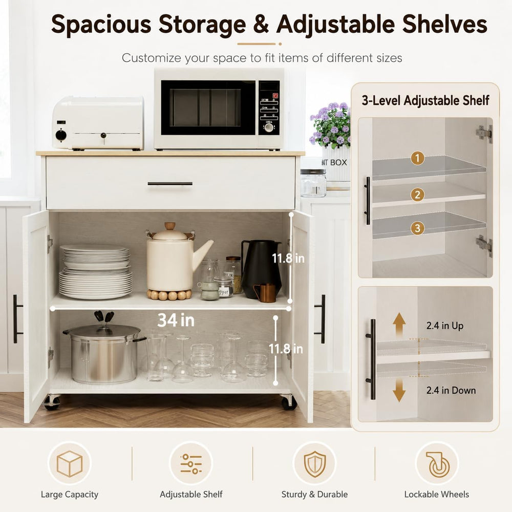 IRONCK Kitchen Island with Storage, Charging Station and Drop Leaf, White