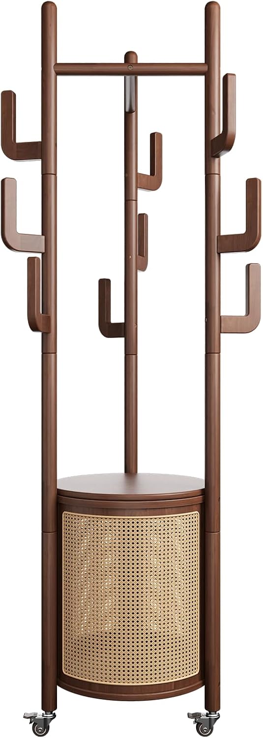 Yoobure Solid Wood Coat Rack - Rolling Clothes Rack with Rattan Basket
