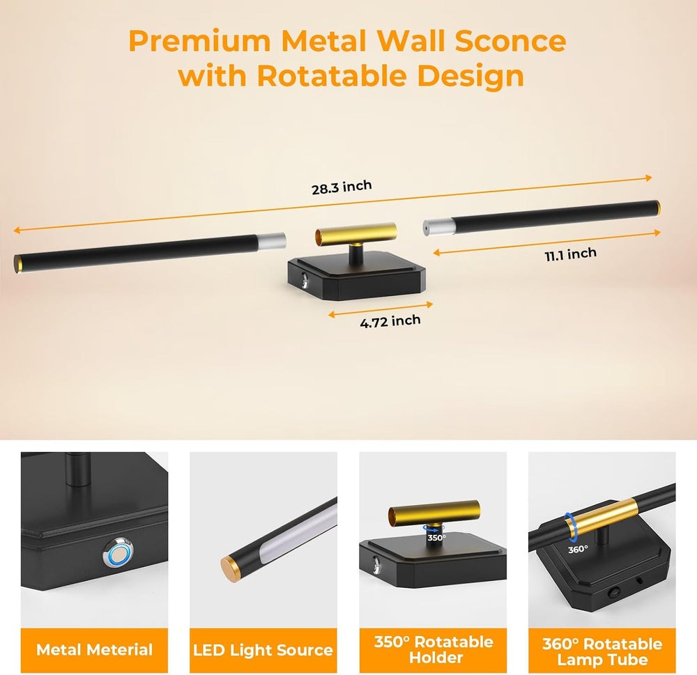 Battery Operated Wall Sconces 360°Rotate Detachable Dimmable Set of 2