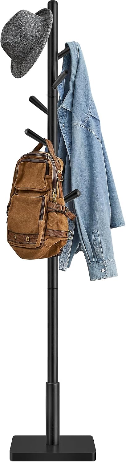 VASAGLE Solid Wood Coat Rack, Free Standing, 8 Hooks, 3 Height Options