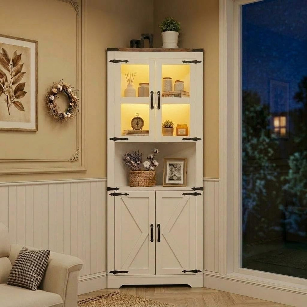 Garvee 67" Tall Corner Cabinet with Lights, 5-Tier, White
