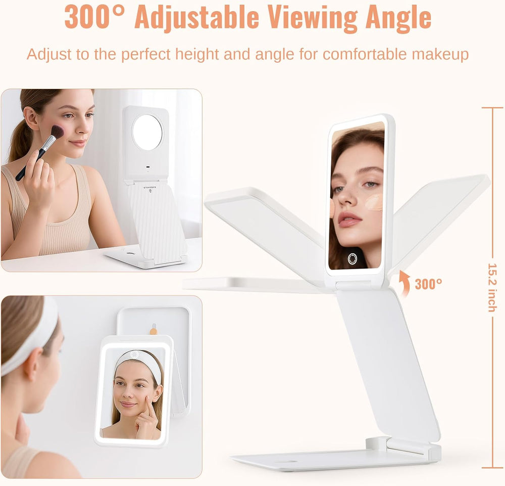Travel Makeup Mirror with Lights, Rechargeable, 1X/3X Magnification, White