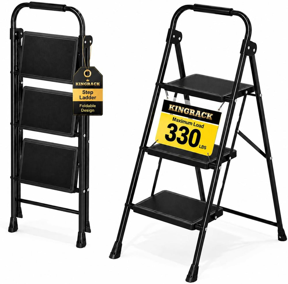 KINGRACK 3 Step Ladder Folding Step Stool with Handrail for Kitchen Black