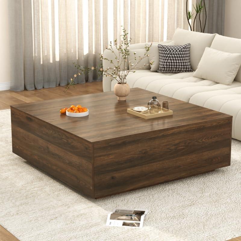 47 Inch Large Square Coffee Table with Storage,Wooden Coffee Table((Walnut)