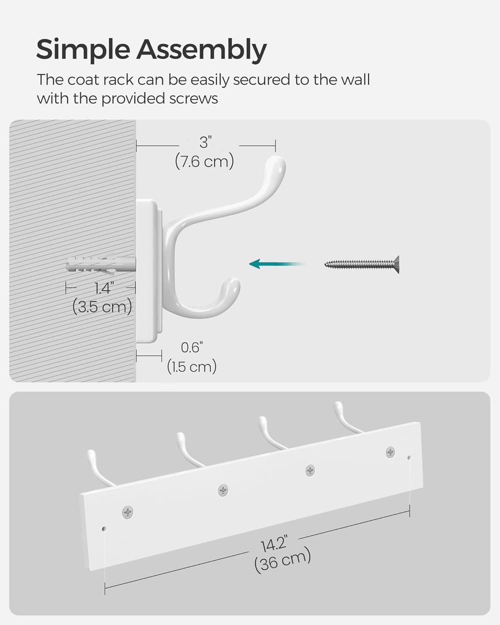 SONGMICS Wall-Mounted Coat Racks, Set of 2, 8 Dual Metal Hooks