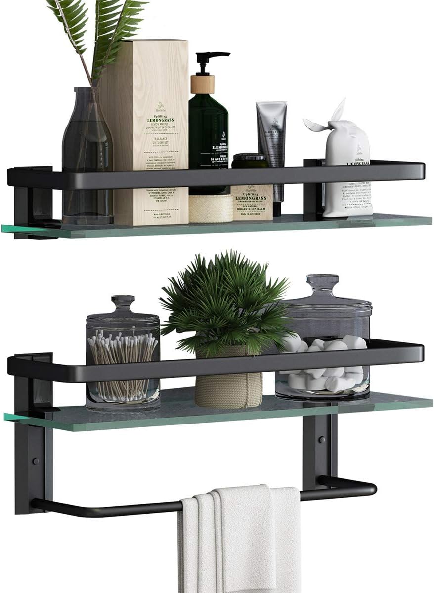 VOLPONE Glass Bathroom Shelf with Towel Bar 15.7in Bathroom Wall Shelves Rust...