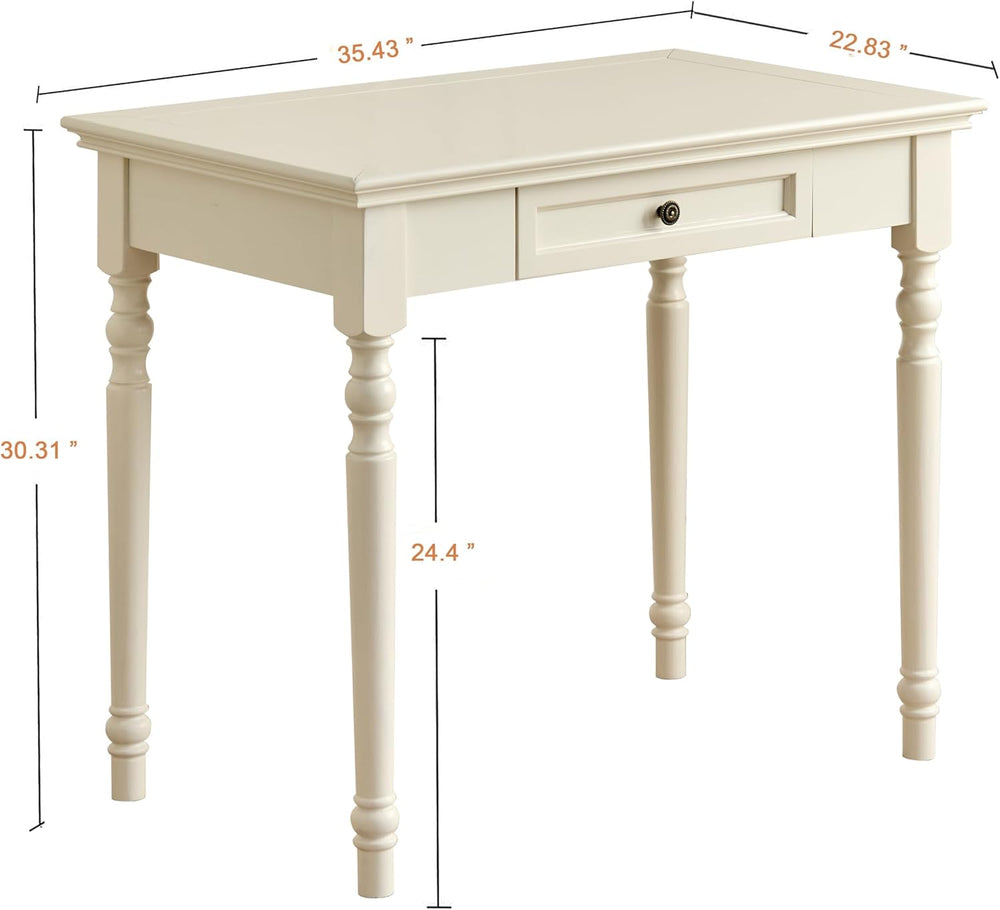 French Country Style Writing Desk with Drawers, White, 35"