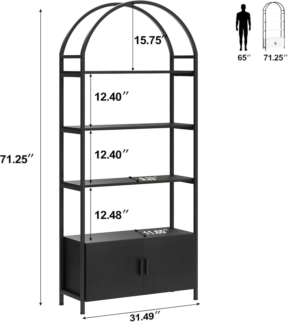 Jehiatek Arched Bookshelf, Bookcase with Doors Storage, 71 Inches Tall Indust...
