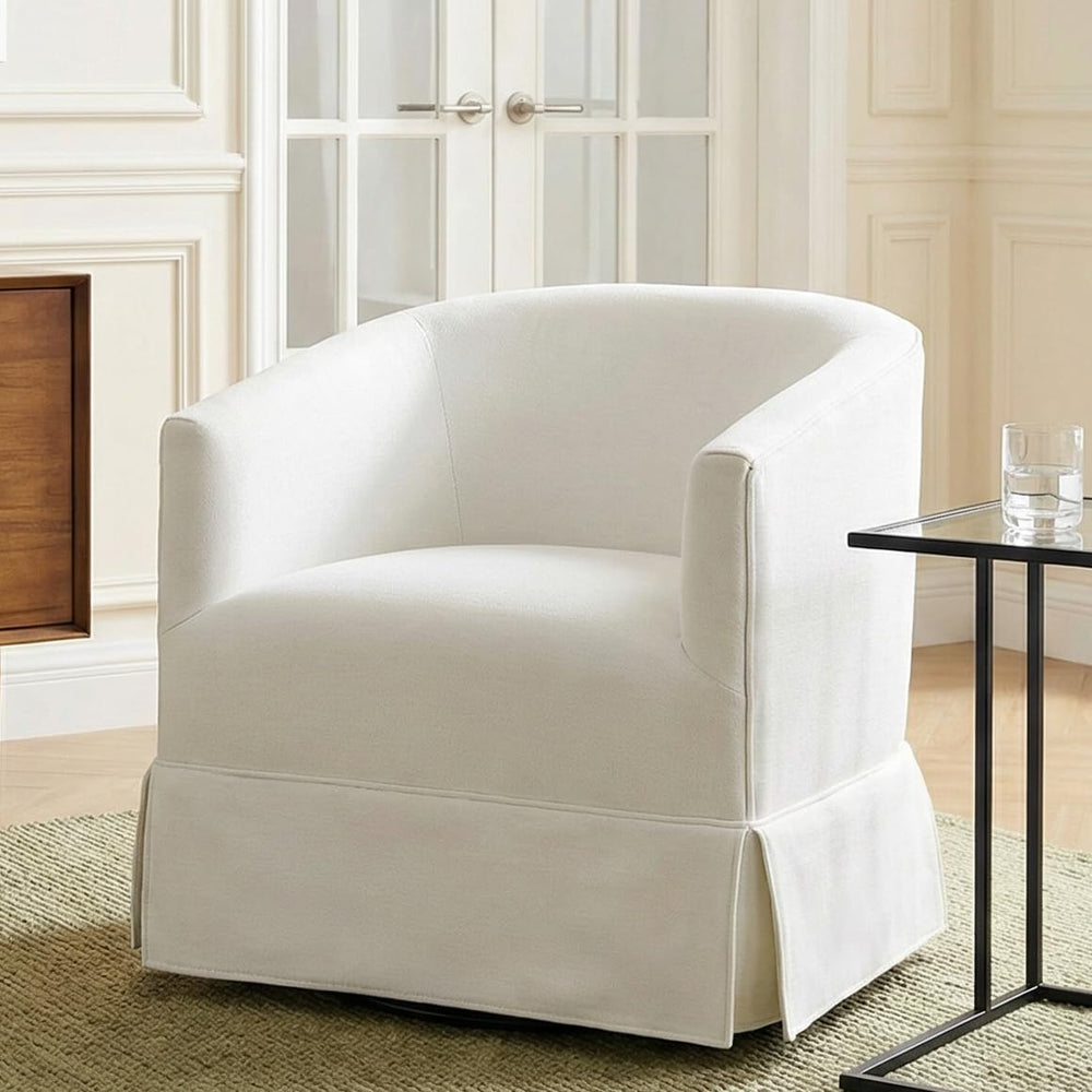 Swivel Accent Chair, Barrel Chair with Skirted Base, Cream White