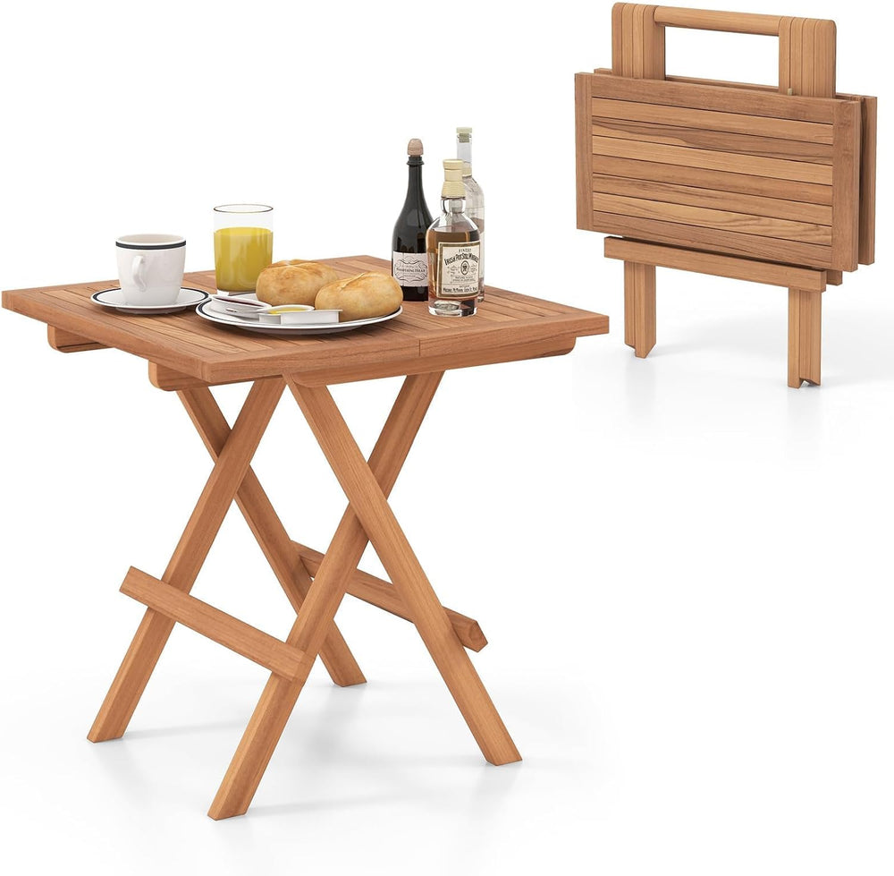 HAPPYGRILL Square Folding Patio Side Table Set of 2, Indonesia Teak Wood Dini...