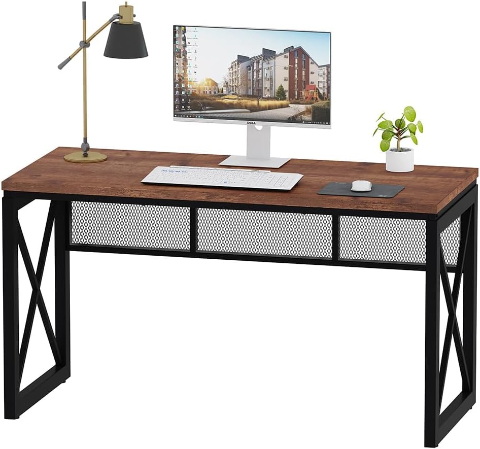 BON AUGURE 60 Inch Computer Desk for Home Office, Industrial Metal Wood Desks...