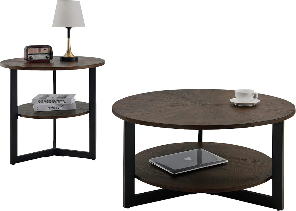 Round Coffee Table with Storage Shelf, Farmhouse Living Room Cocktail Black M...