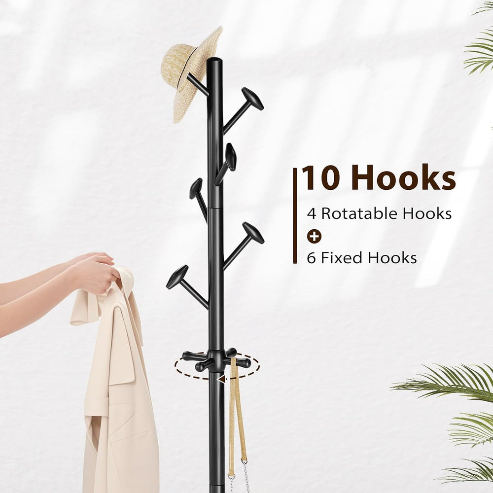 Taitiy Solid Wooden Coat Rack Stand Freestanding Hall Tree with 10 Hooks