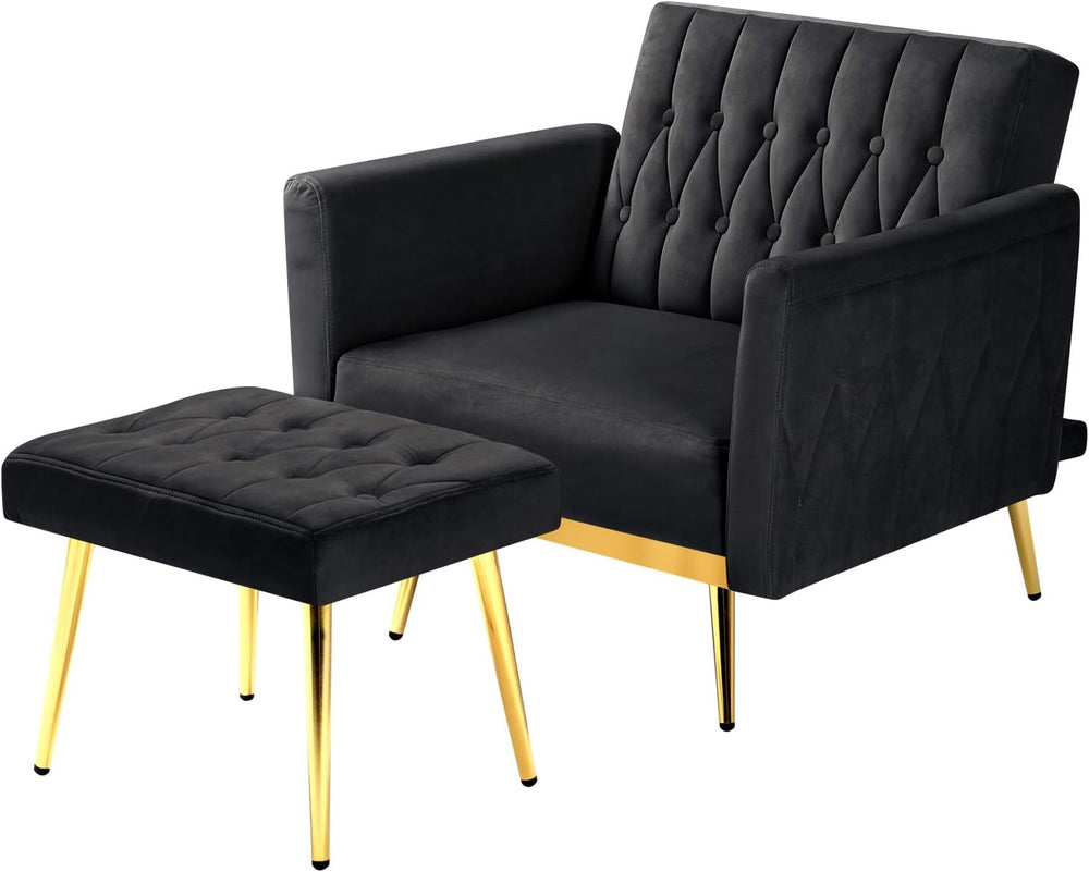 Velvet Accent Chair w/Ottoman & Adjustable Backrest, Black