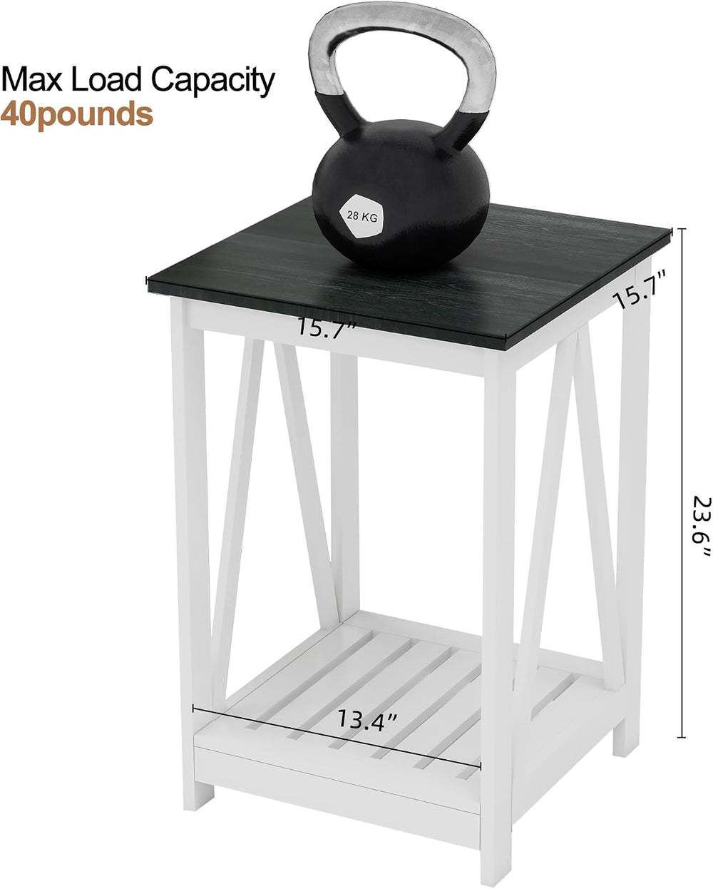 End Table, Farmhouse Square Side Table with Slat Shelf, 15.7" Black Top