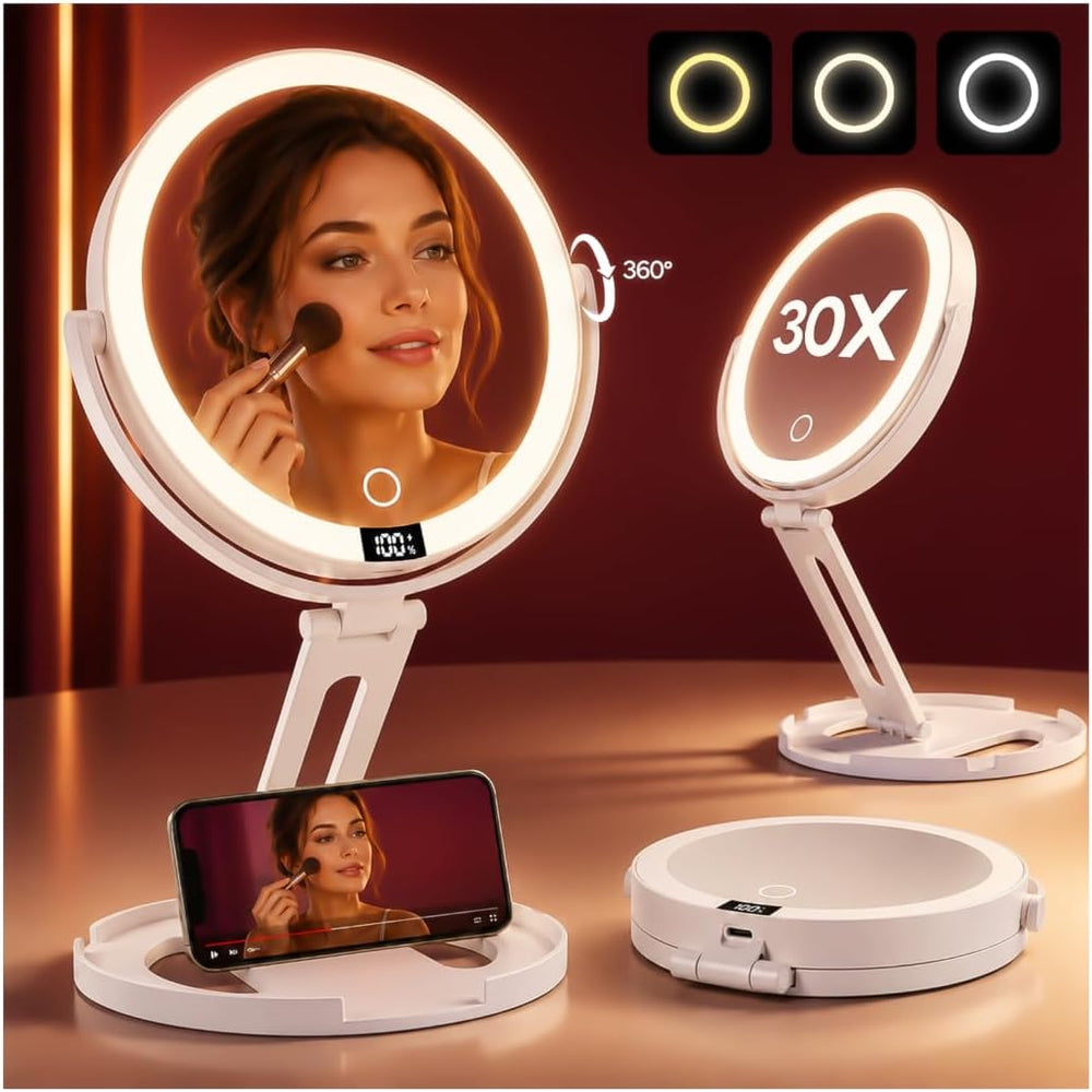 Travel Makeup Mirror with Lights, 1X/30X Double-Sided Magnifying Mirror