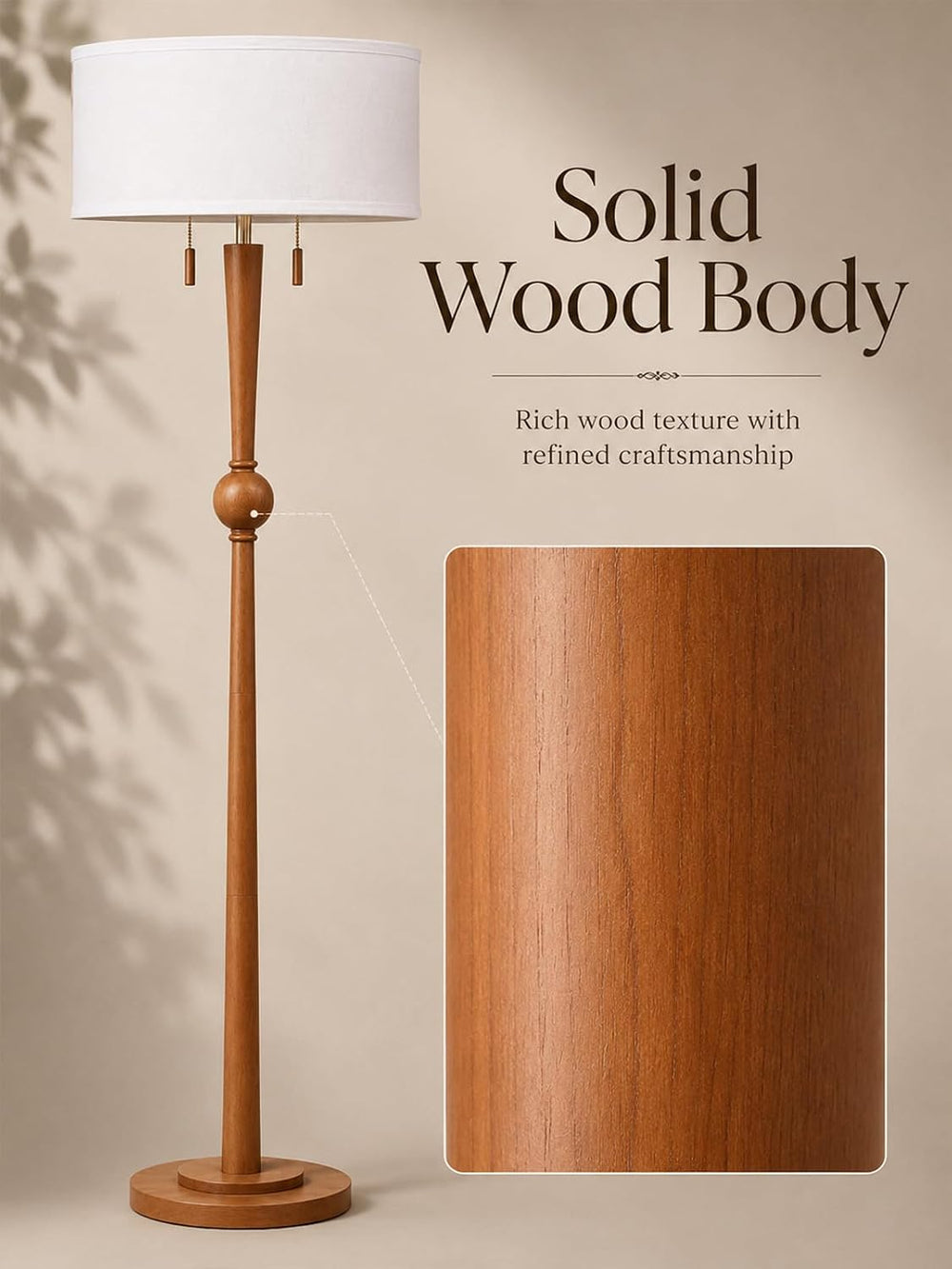 MOFFE Solid Wood Floor Lamp for Living Room,Pull Chains Standing Lamp