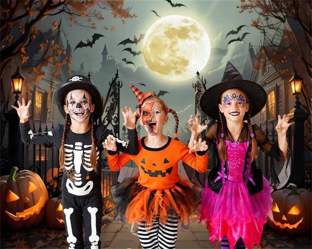 12x8ft Halloween Backdrop Scary Full Moon Night Pumpkin Ghost Castle Hallowee...
