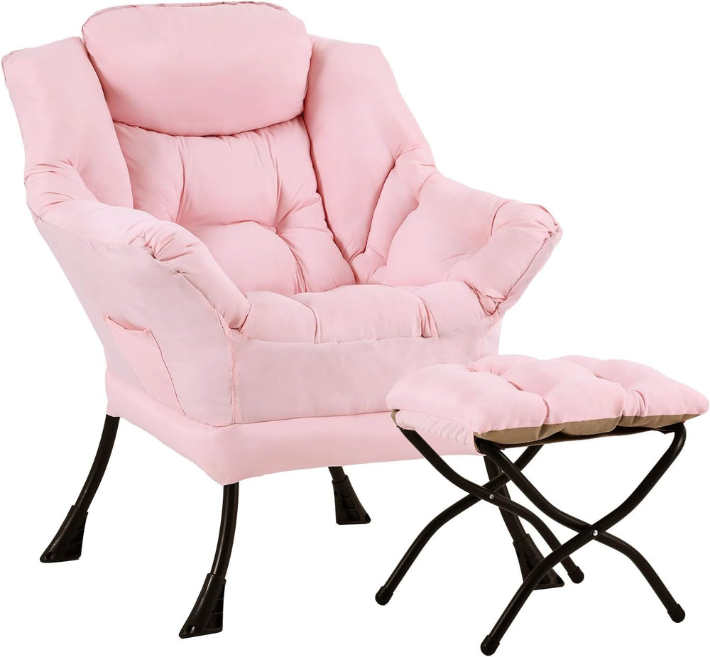 Lazy Chair with Ottoman, Soft Comfy Chair for Bedroom, Pink