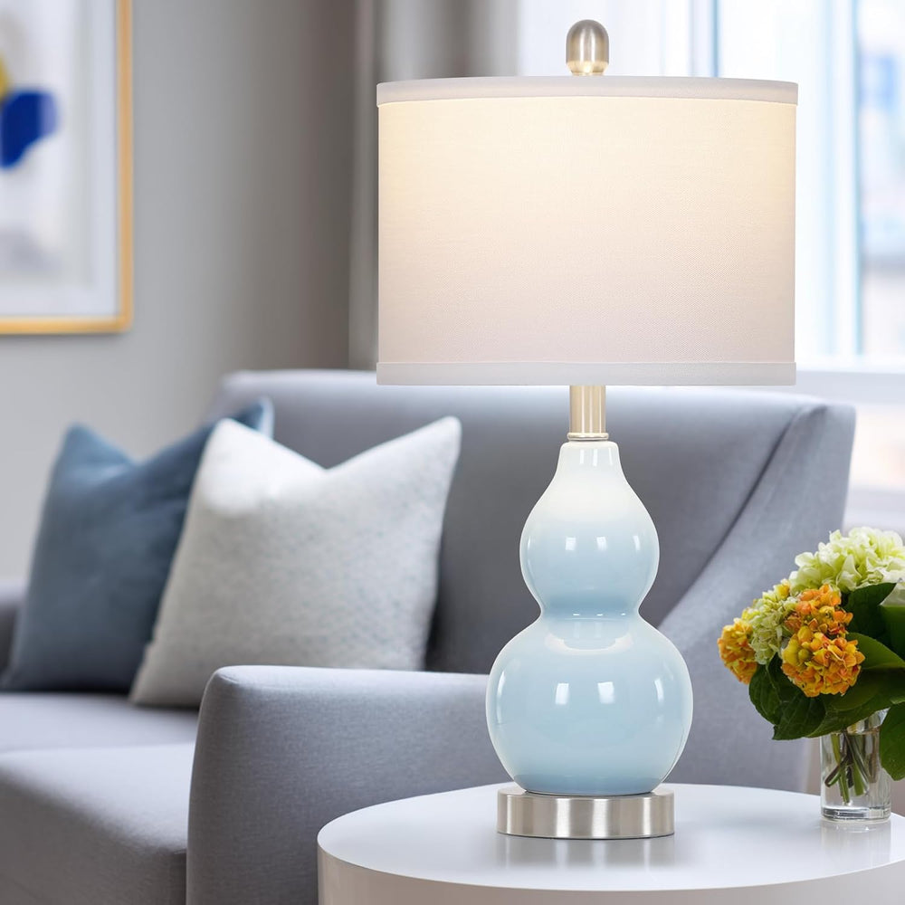 22" Double Gourd Ceramic Table Lamps Set of 2, Blue Modern Bedside Lamps...