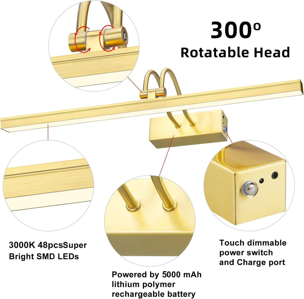 Wireless Picture Light Rechargeable, 16", Brass
