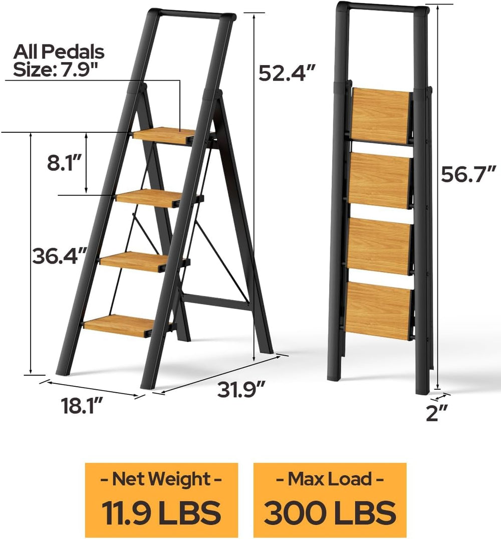 4 Step Ladder, Foldable 4 Step Stool, Black & Woodgrain