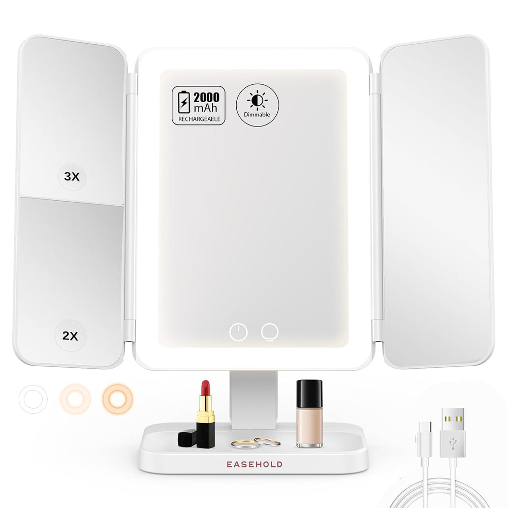 EASEHOLD Trifold Lighted Makeup Vanity Mirror with 1X/2X/3X Magnification