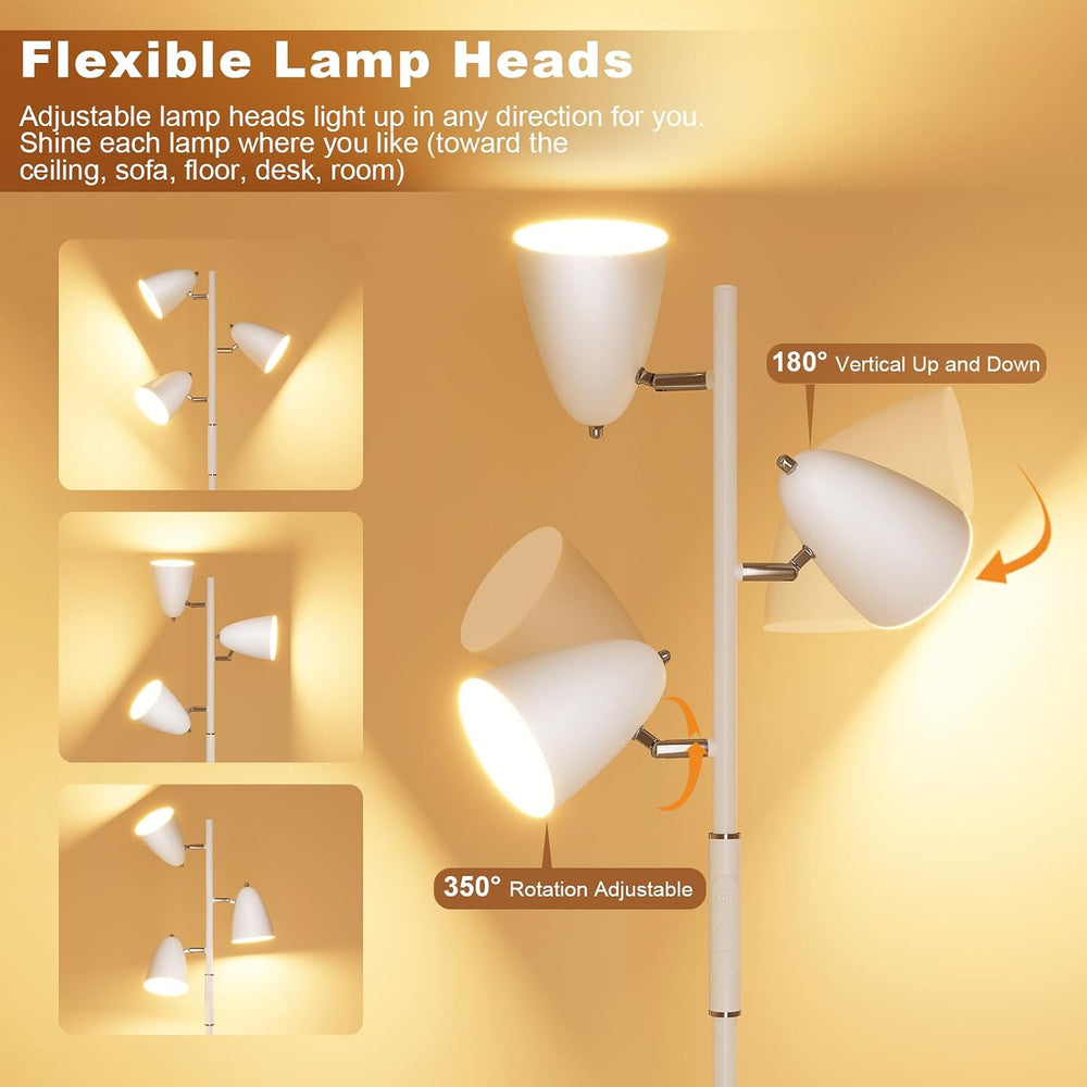 36W LED Floor Lamp for Living Room, Modern White 3-Light Tree Standing Lamp