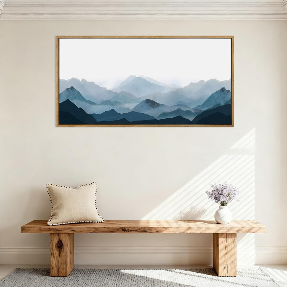 Blue Framed Mountain Landscape Wall Art Fog Mountain Painting Wall Decor for ...