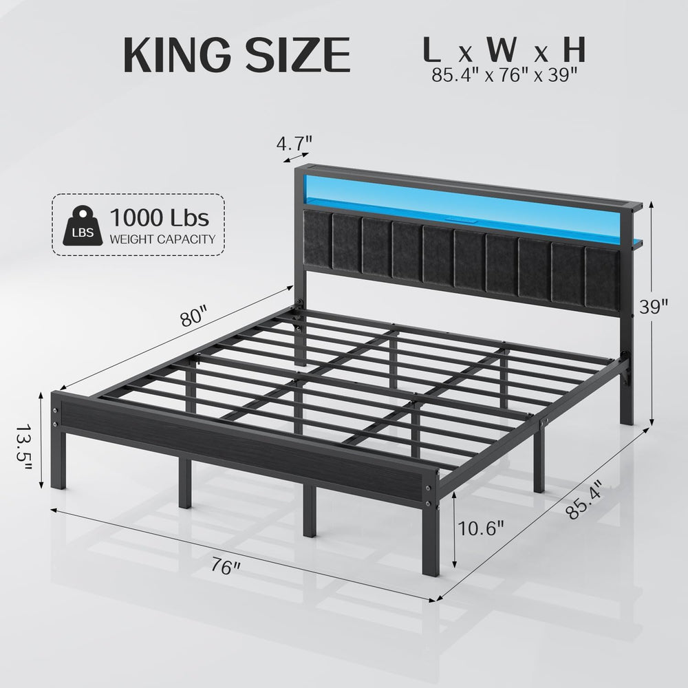 OLEVS King Bed Frame with Charging Station & LED Lights Modern Platform Bed