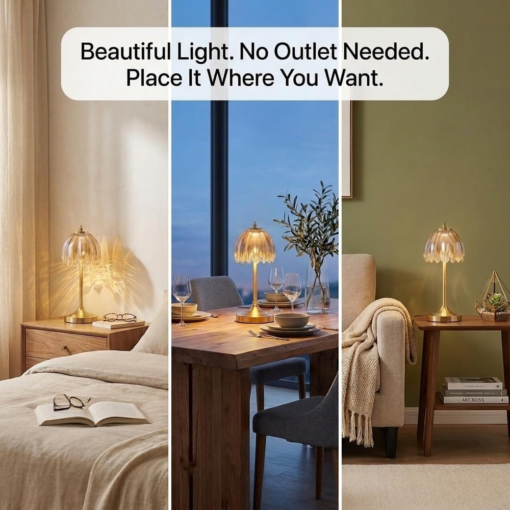 Tulip Glass Rechargeable Table Lamp, Floral Cordless Table Light(Amber)