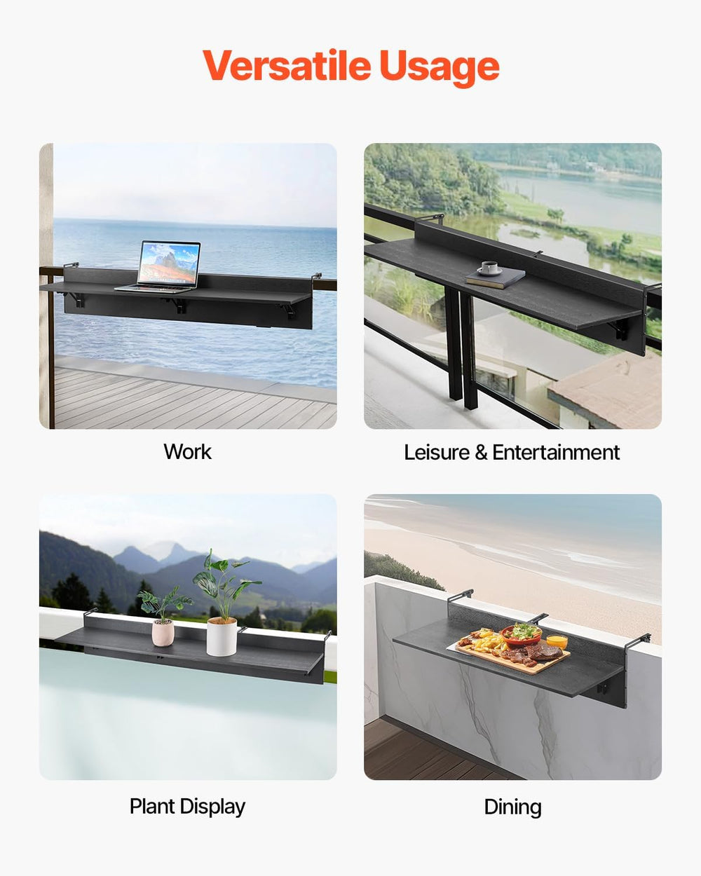 VEVOR Balcony Hanging Table, 48 x 12 inch Folding Balcony Railing Table, Outd...