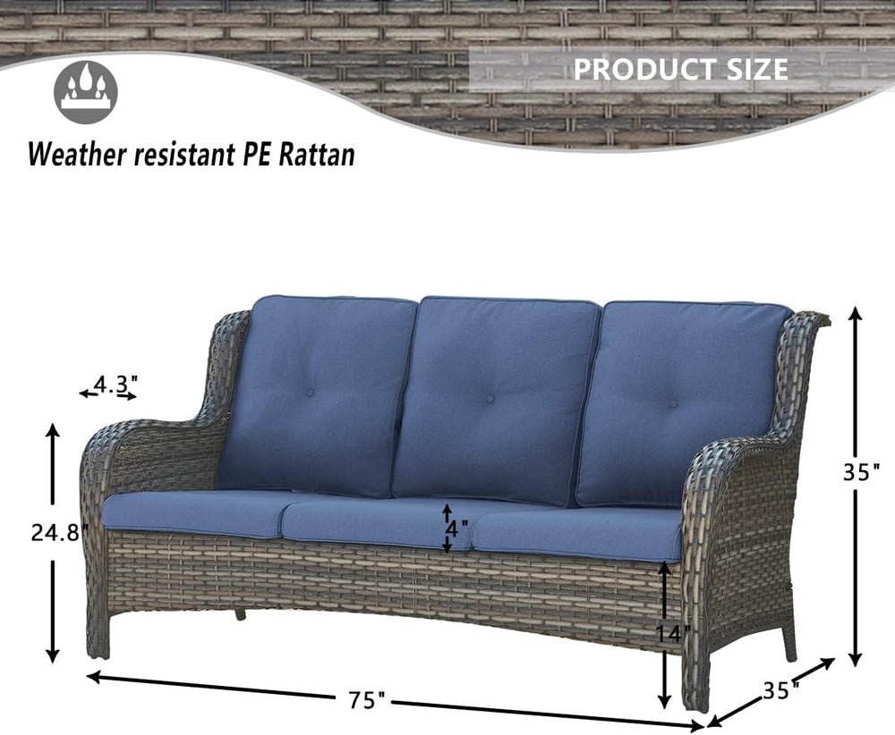 HUMMUH 5 Piece Wicker Patio Set, Sofa & Swivel Rockers, Grey/Blue