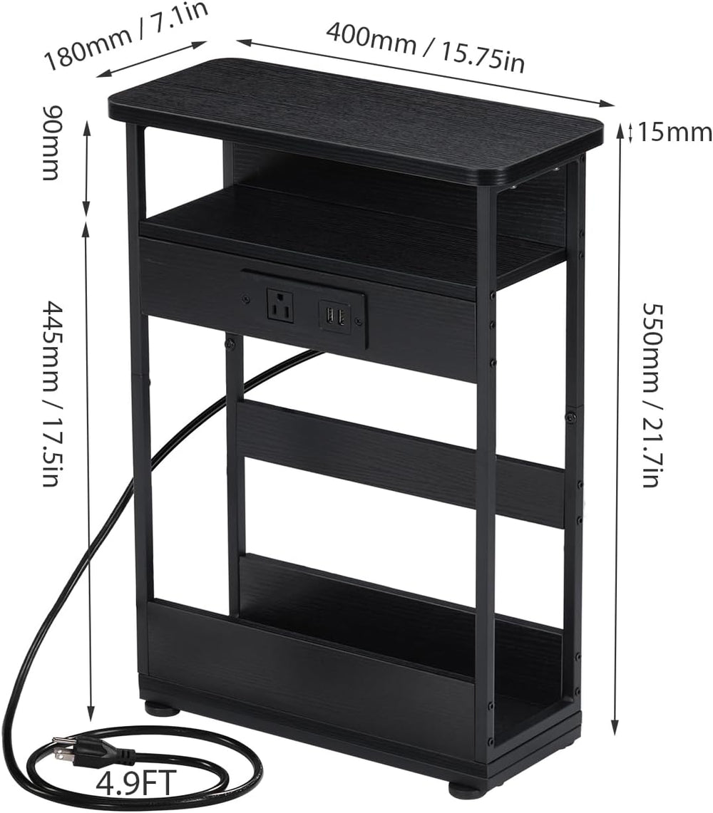 Narrow Side Table with Charging Station Small Spaces Narrow End Table