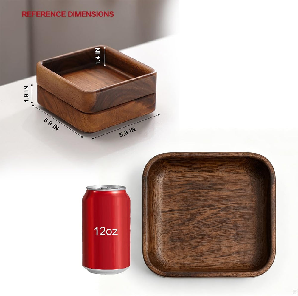 2 Piece Set Acacia Wood Snack Bowl, 5.9" Square Wooden Serving Tray with...