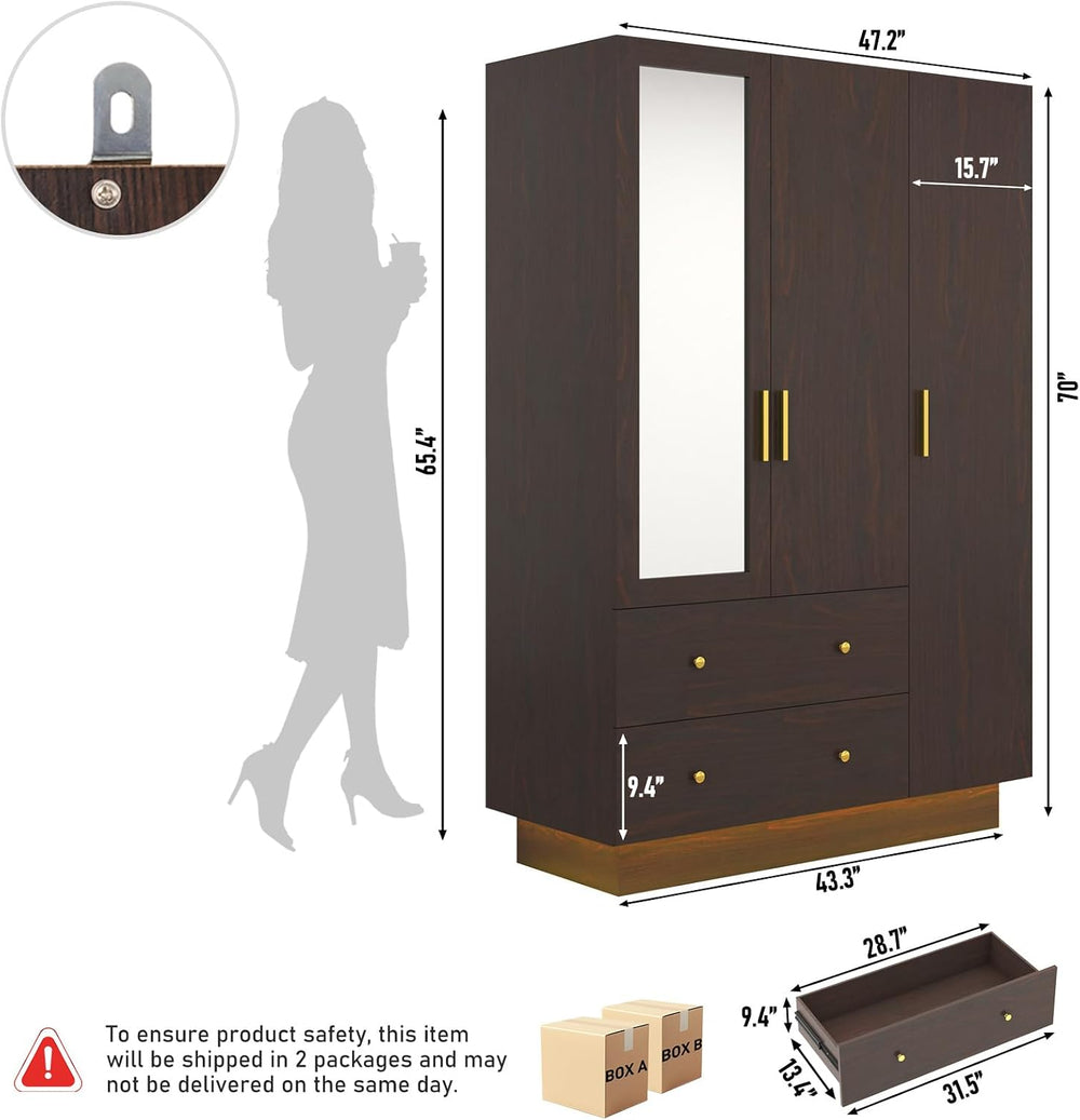 jiteentarou 3 Door Wardrobe Closet with Mirror & LED Lights, Bedroom Armo...