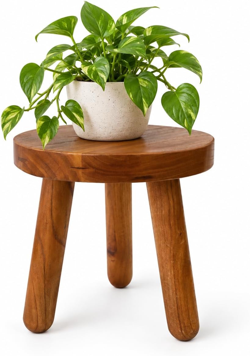 12" Teak Wood Plant Stool for Indoor Plants, Mid-Century Style