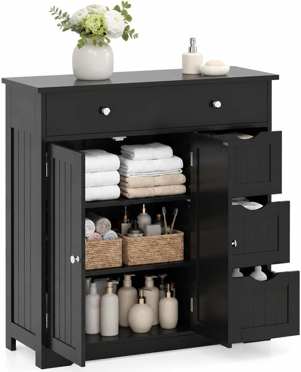 Bathroom Storage Cabinet, Freestanding Floor Cabinet with 4 Drawers, Black