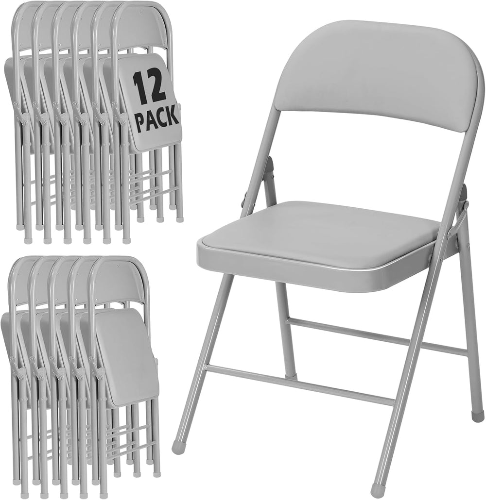 12 Pack Gray Padded Folding Chairs with Metal Frame