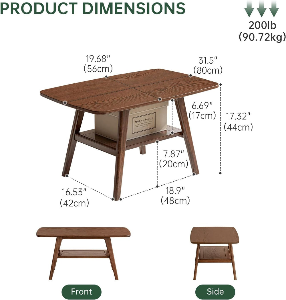 100% Solid Oak Coffee Table with Storage Shelf, 31.49" W
