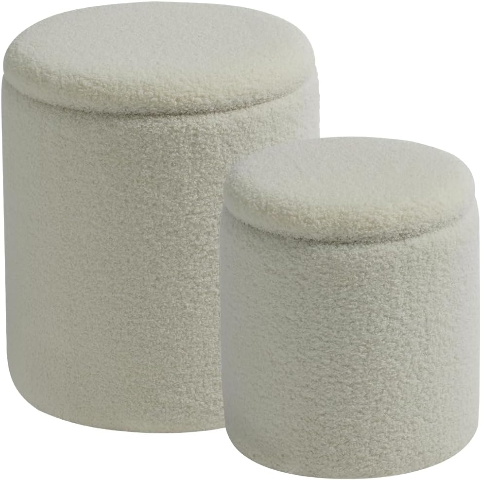 BLEXA Set of 2 Round Storage Ottoman, White Sherpa Ottoman with Storage