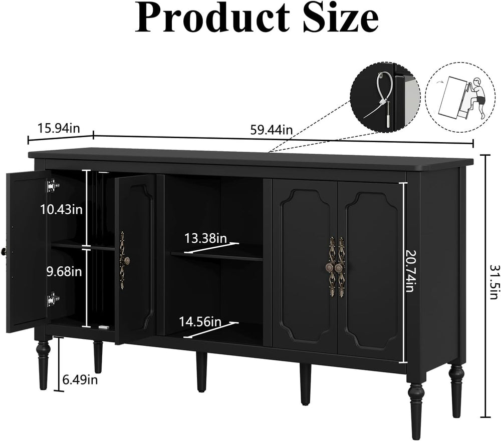 59" Vintage Sideboard Buffet Cabinet with Adjustable Shelves, Black