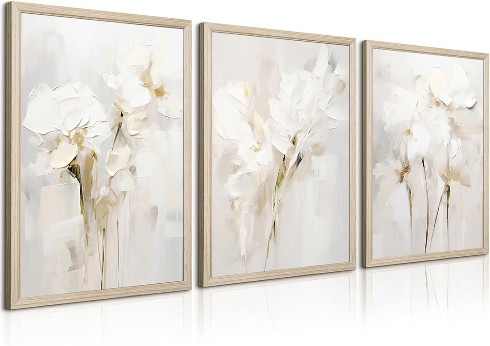 Neutral Wall Art Abstract Floral Canvas Pictures Beige Flower Wall Decor Mode...