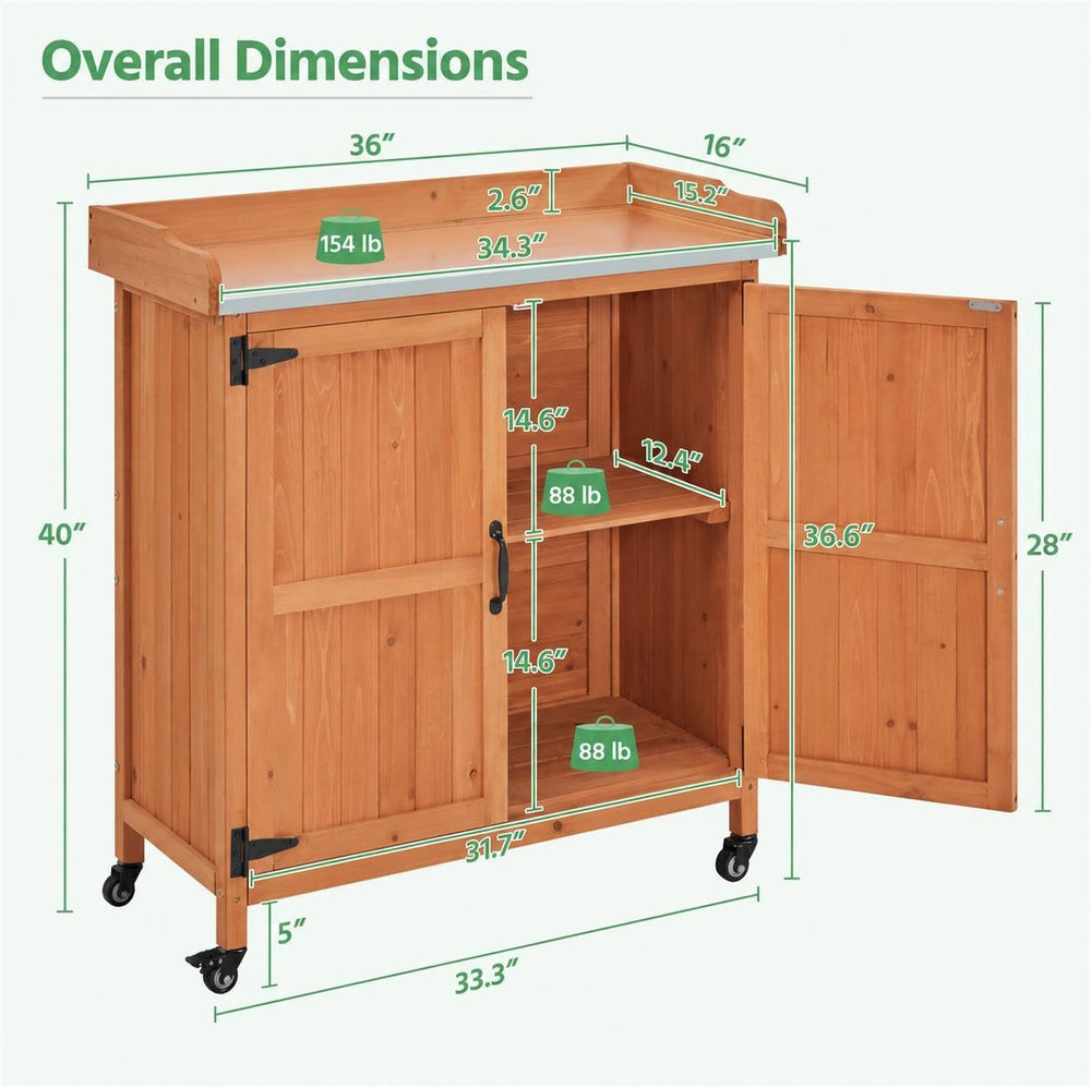 Yaheetech Rolling Potting Bench Outdoor Storage Cabinet, Metal Top, Brown