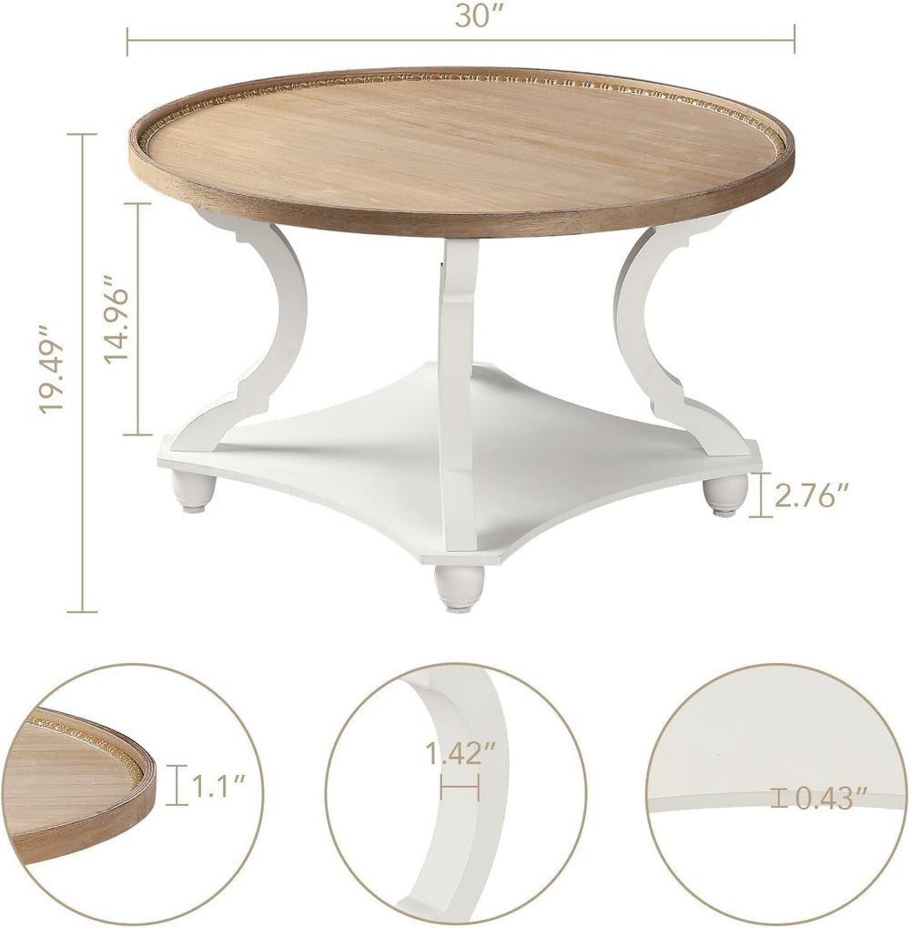 Wnutrees Farmhouse Round Coffee Table, Wood Tray Top with Storage Shelf