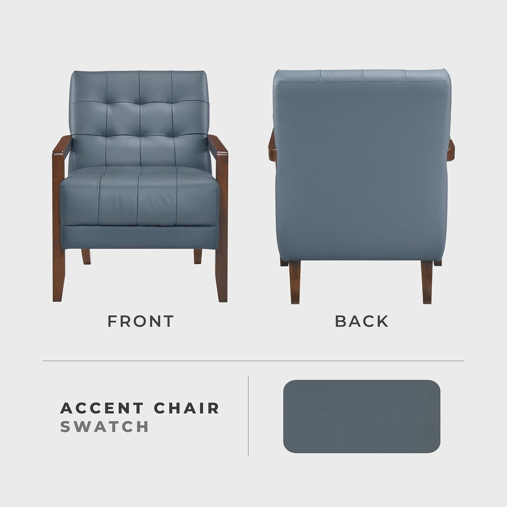 Lexicon Modern Leather Match Accent Chair,Tufted, Solid Wood Arms,Blue